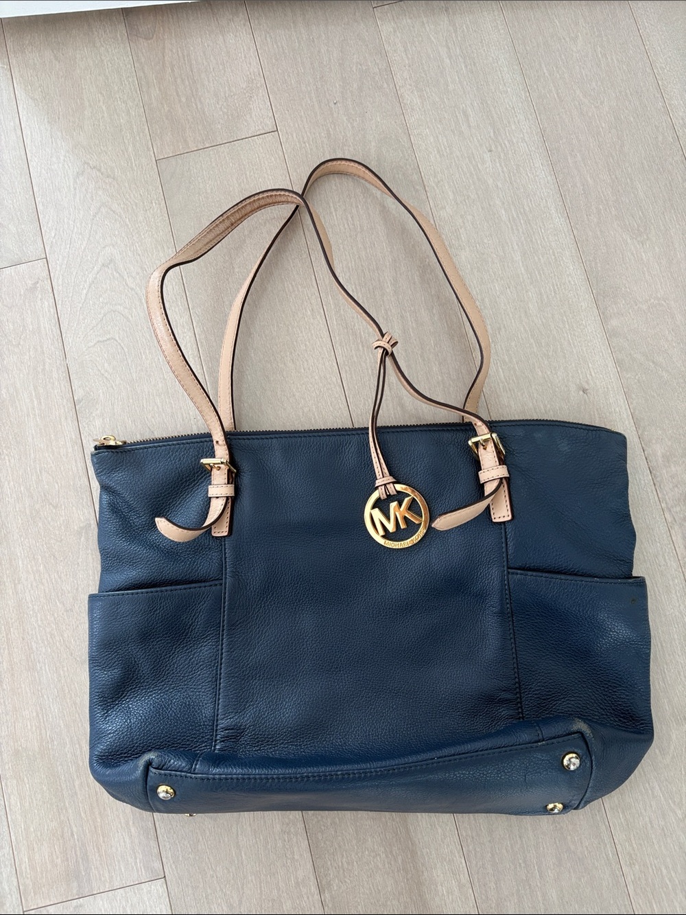 Michael Kors Navy Pebbled Leather Tote with Tan Straps and MK Charm